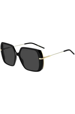 Sonnenbrille aus schwarzem, mehrlagigem Acetat mit goldfarbenen Bügeln