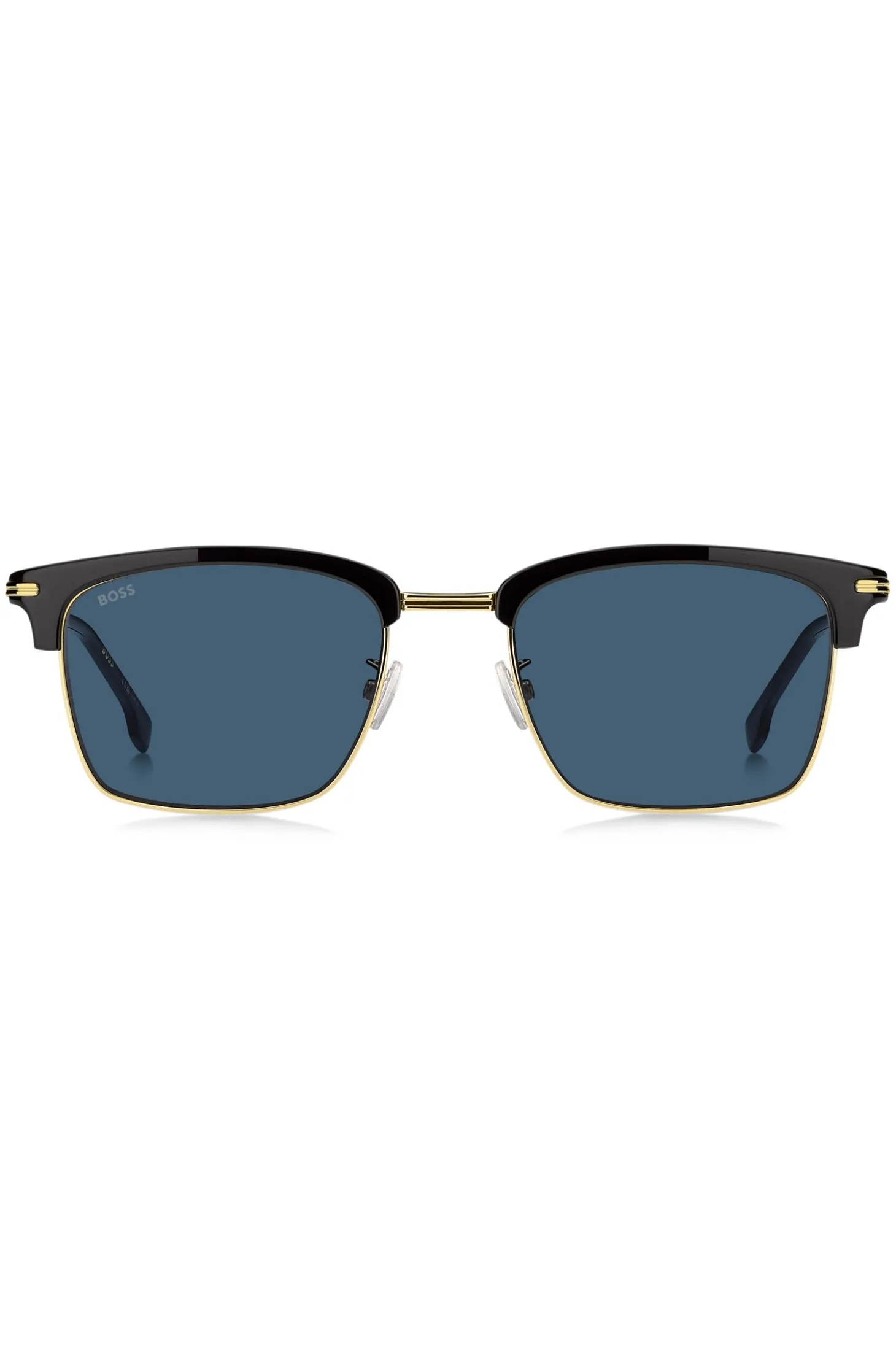 Sonnenbrille mit blauen Gläsern und schwarz-goldfarbener Fassung