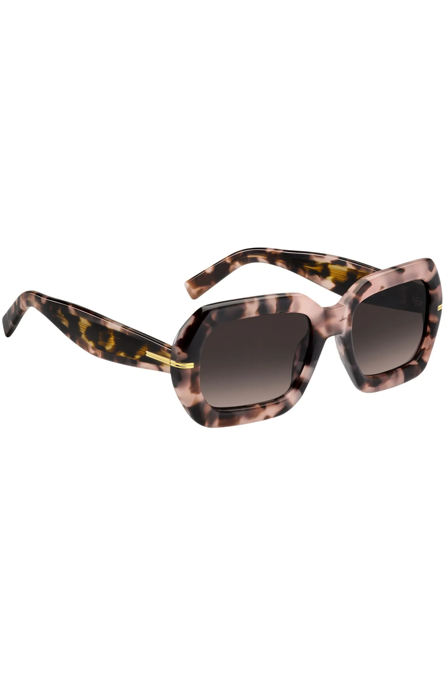 Sonnenbrille mit rosafarbenem Havanna-Muster und goldfarbenen Scharnieren