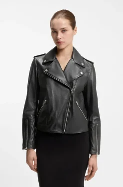 Straight-Fit Bikerjacke aus Leder mit Reißverschluss-Details