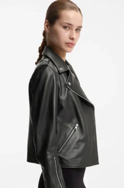 Straight-Fit Bikerjacke aus Leder mit Reißverschluss-Details