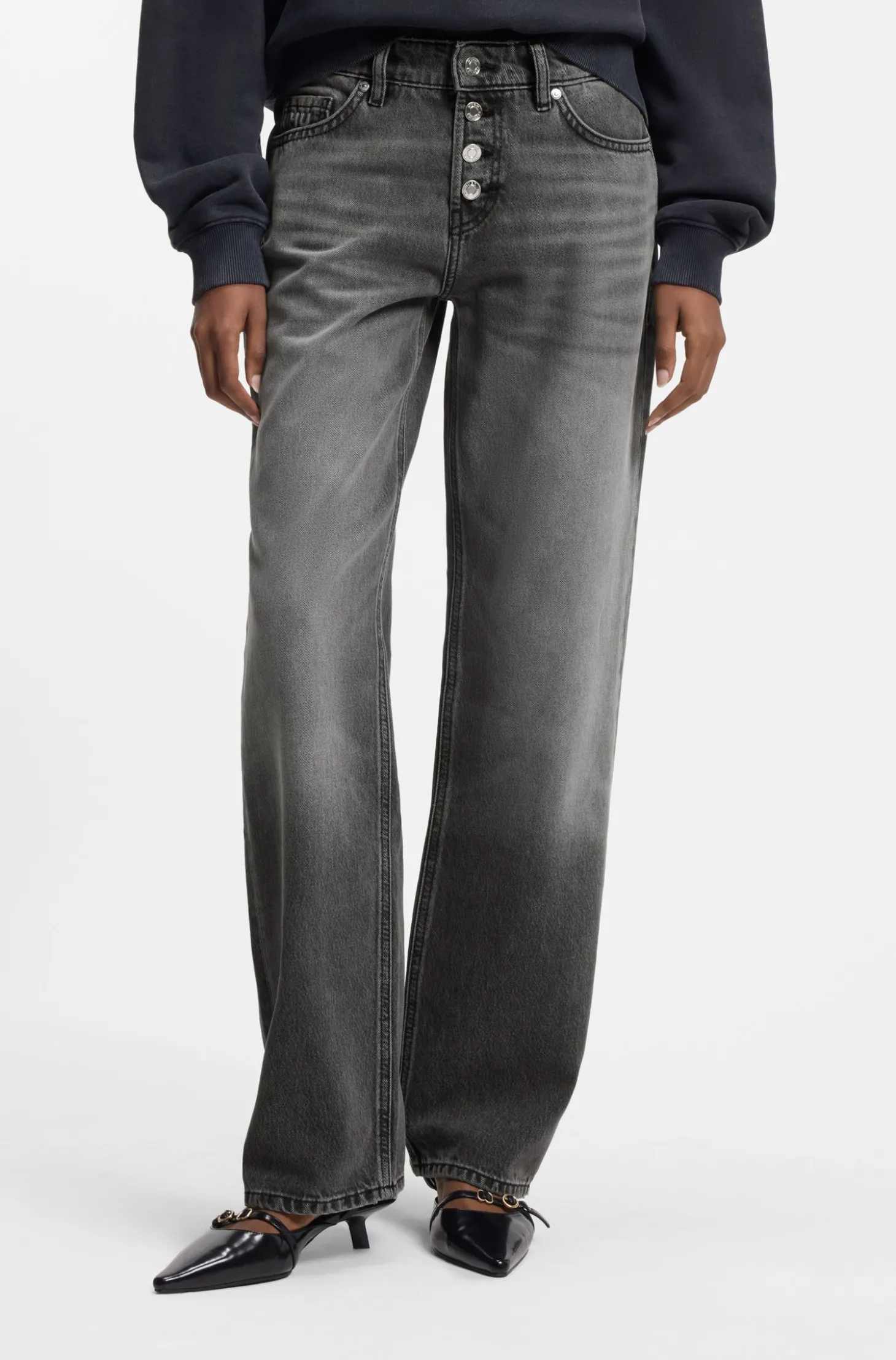 Straight-Fit Jeans aus grauem Denim mit geknöpftem Eingriff