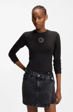 Stretch-Top aus Baumwolle mit Happy HUGO Logo und Strasssteinen