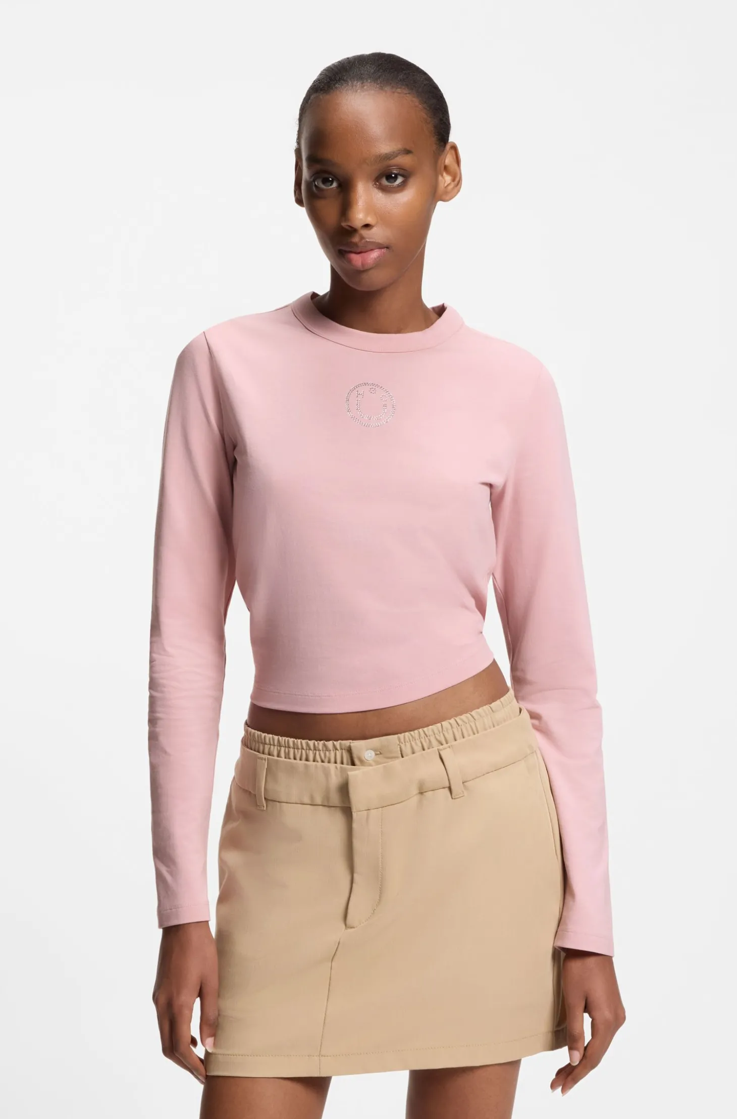 Stretch-Top aus Baumwolle mit Happy HUGO Logo und Strasssteinen