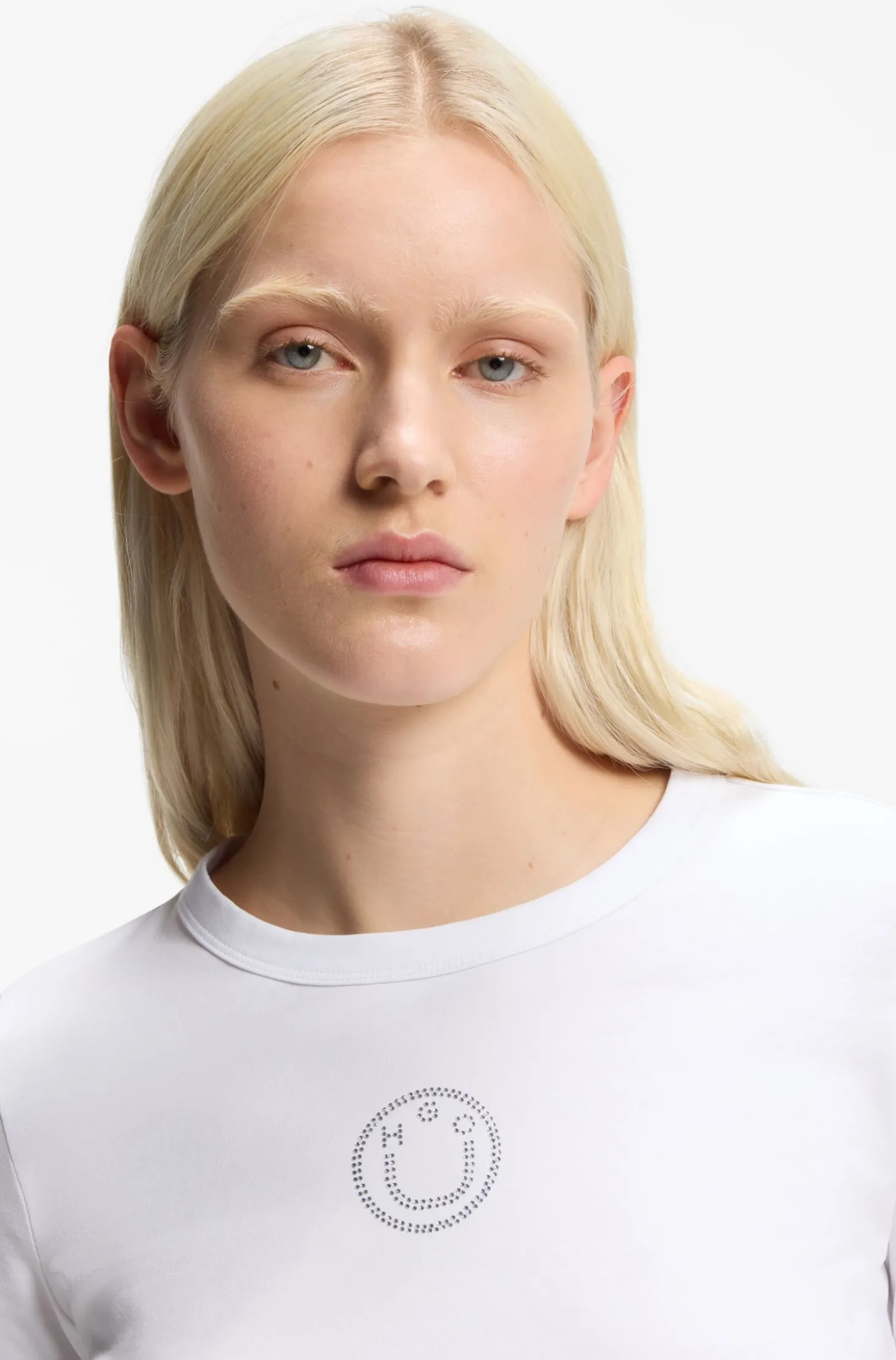 Stretch-Top aus Baumwolle mit Happy HUGO Logo und Strasssteinen