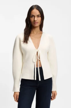 Strickjacke mit Krawatten-Vorderseite und Ballonärmel in Rippstrick