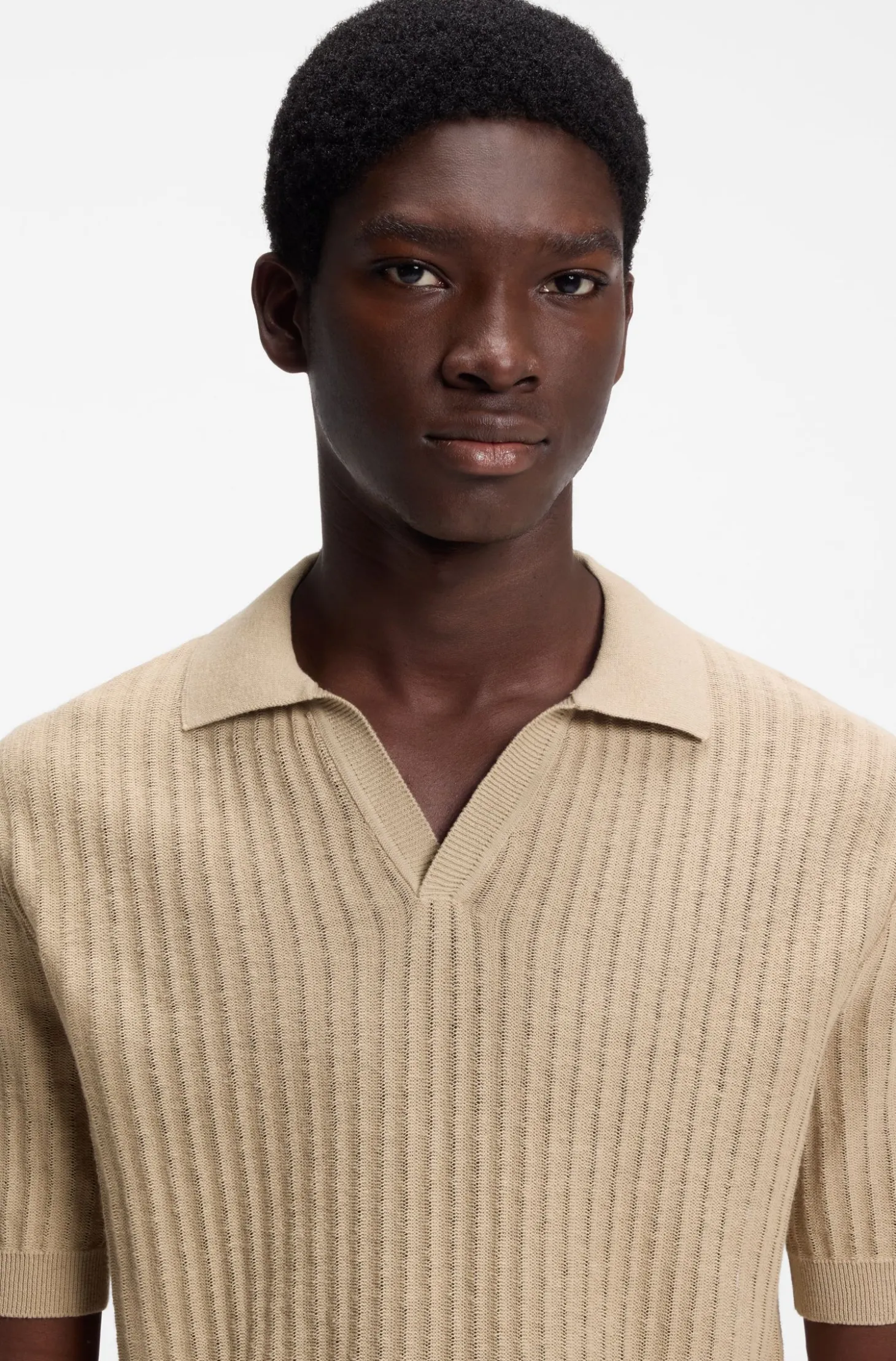 Strick-Poloshirt aus Baumwoll-Leinen-Jacquard mit Johnny-Kragen