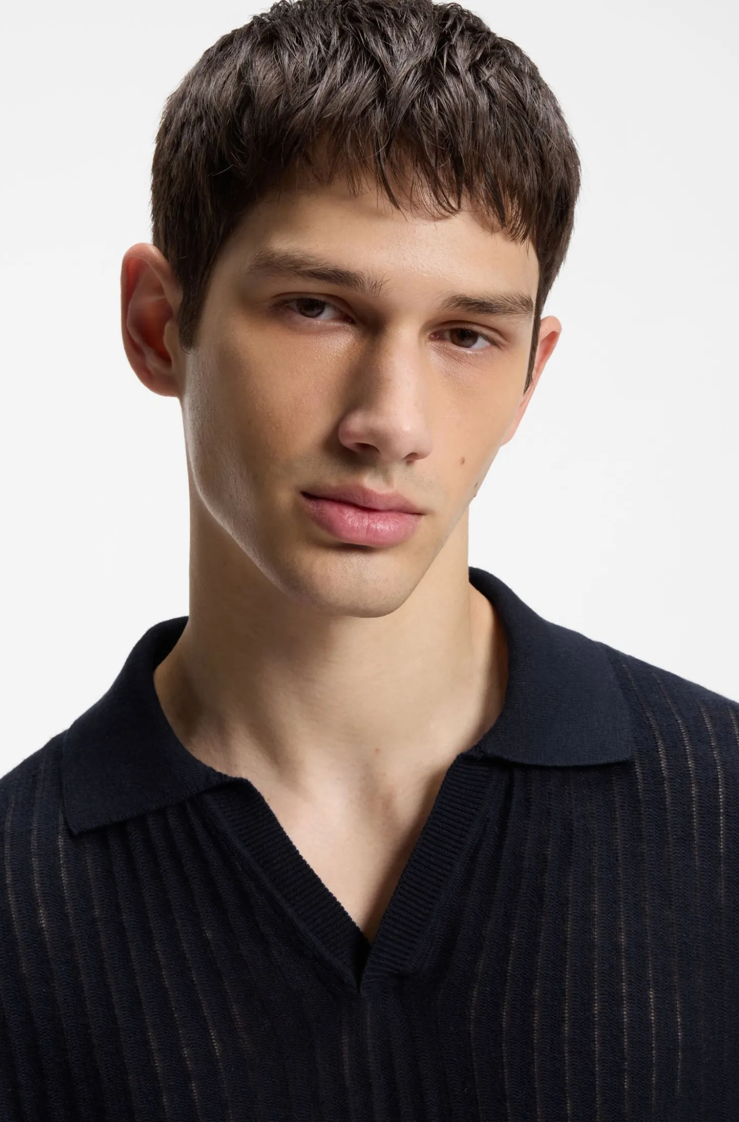 Strick-Poloshirt aus Baumwoll-Leinen-Jacquard mit Johnny-Kragen