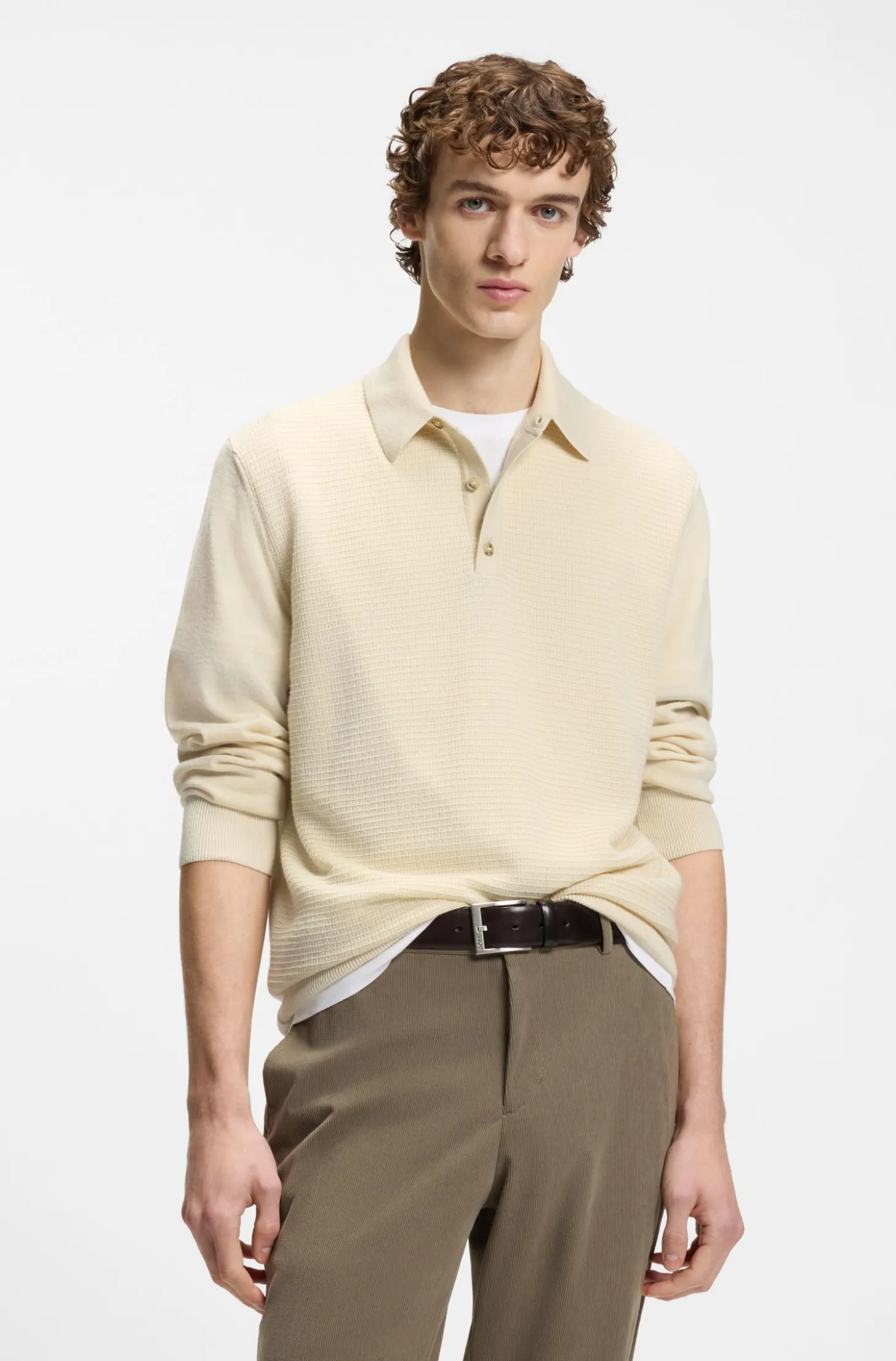 Strick-Poloshirt aus Woll-Mix mit verschiedenen Strukturen