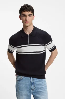 Strick-Poloshirt mit Reißverschluss am Kragen und Blockstreifen