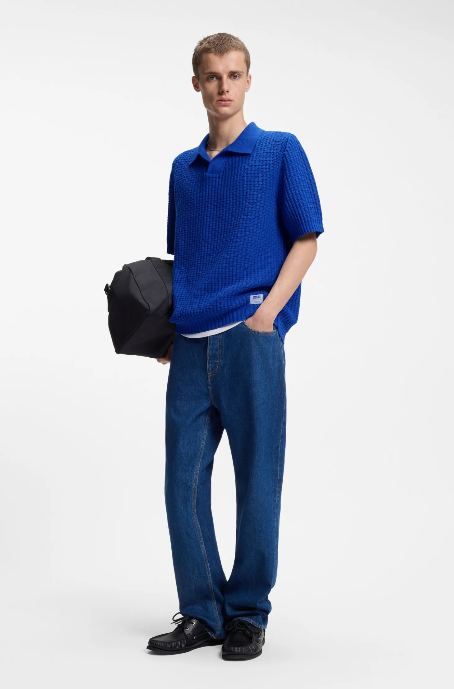 Strick-Poloshirt mit Waffelstruktur und Johnny-Kragen