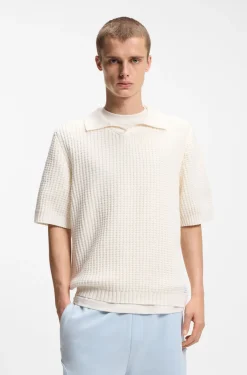 Strick-Poloshirt mit Waffelstruktur und Johnny-Kragen