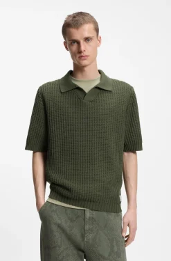 Strick-Poloshirt mit Waffelstruktur und Johnny-Kragen