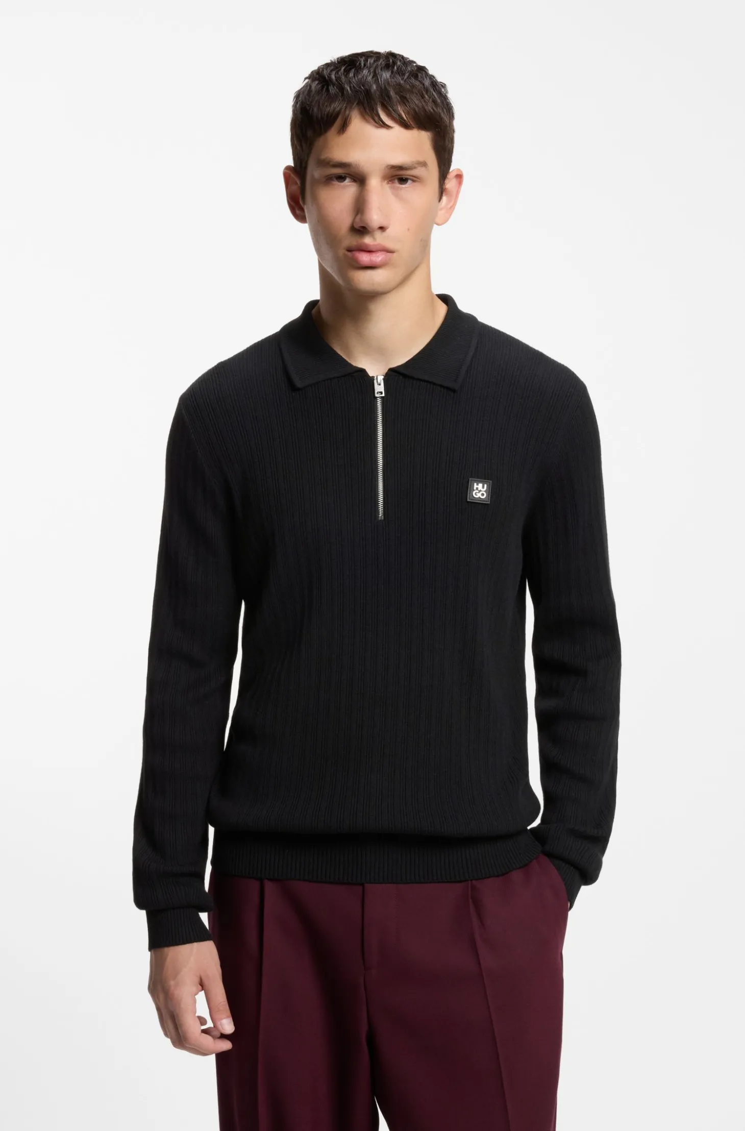 Strukturierter Polo-Pullover aus Woll-Mix