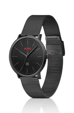 #Style komplett schwarze 3-Zeiger-Uhr mit Mesh-Armband