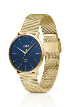 #Style 3-Zeiger-Uhr mit Mesh-Armband und blauem Zifferblatt