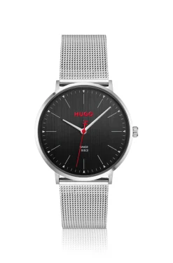 #Style 3-Zeiger-Uhr mit schwarzem Zifferblatt und Mesh-Armband