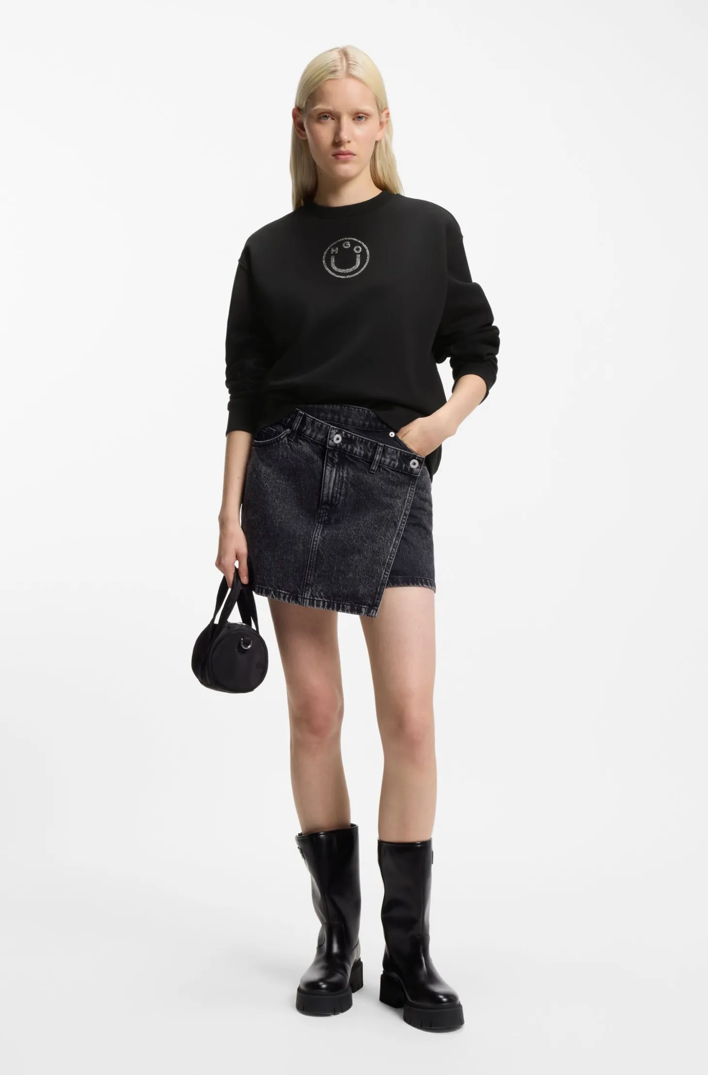Sweatshirt aus Baumwolle mit Happy HUGO Logo aus Strasssteinen