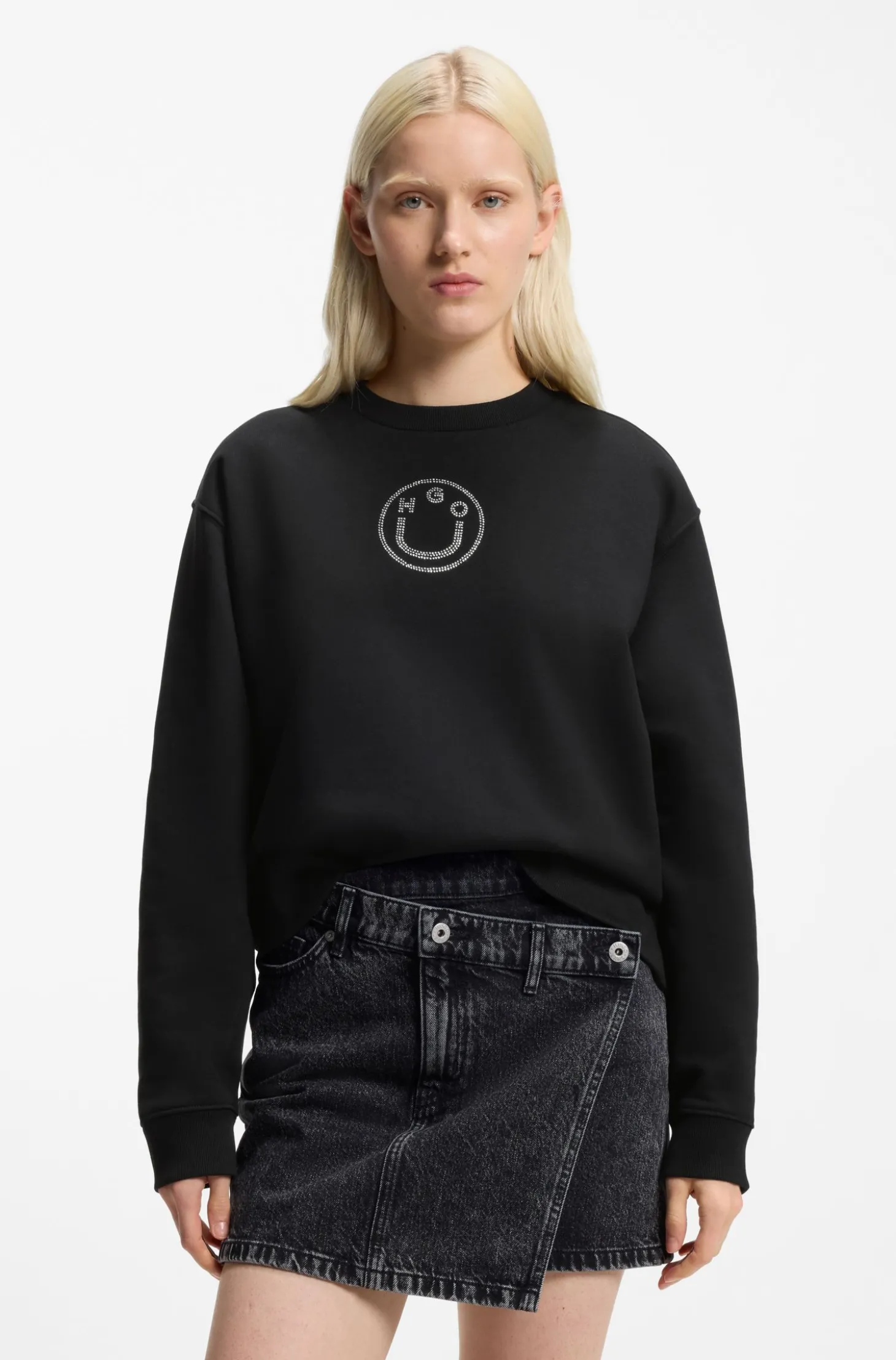 Sweatshirt aus Baumwolle mit Happy HUGO Logo aus Strasssteinen