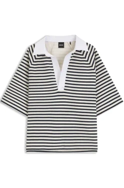 Sweatshirt aus Baumwoll-Mix mit Streifen-Muster und Johnny-Kragen