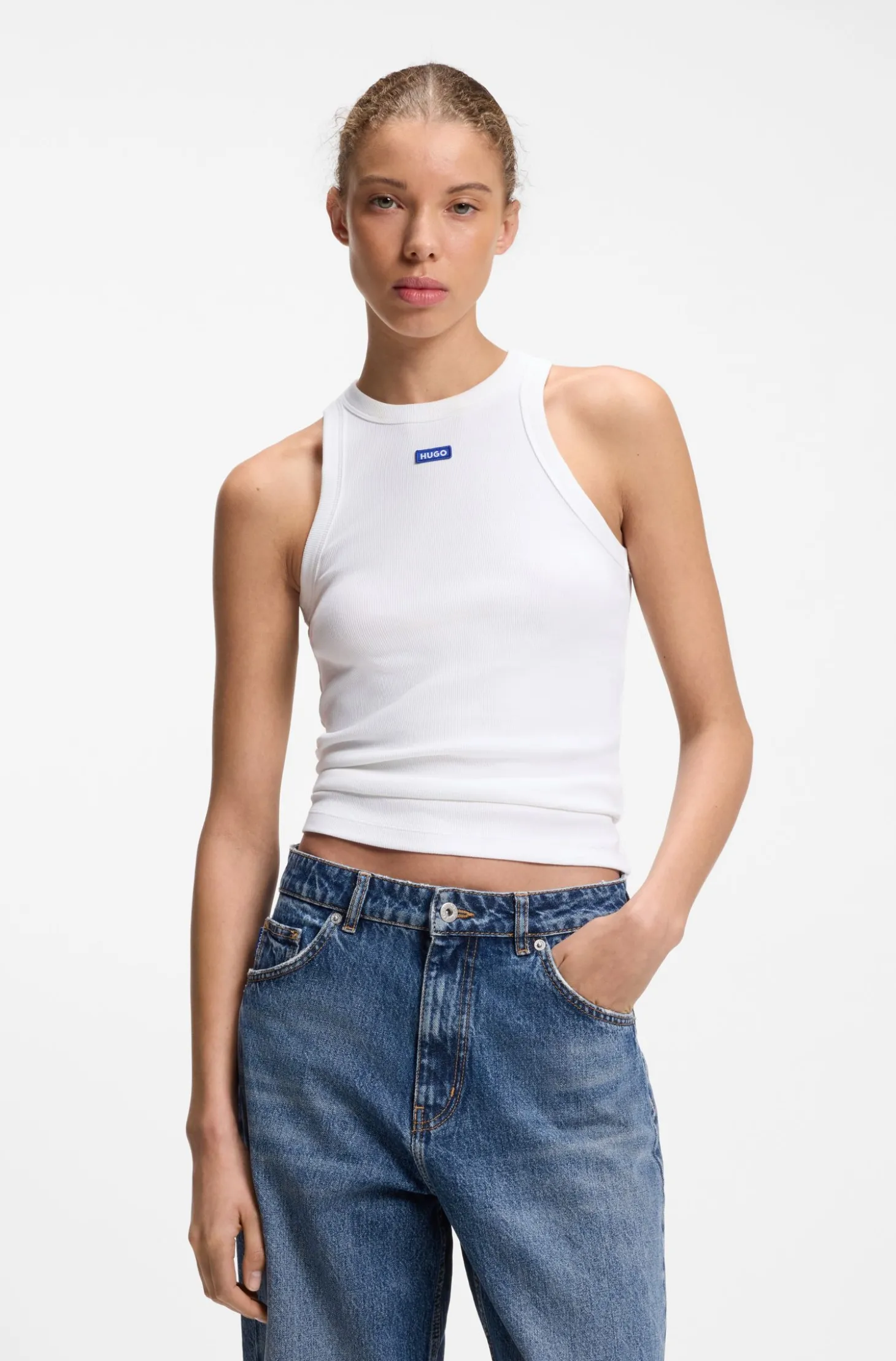 Tanktop aus Stretch-Baumwolle mit blauem Logo-Label