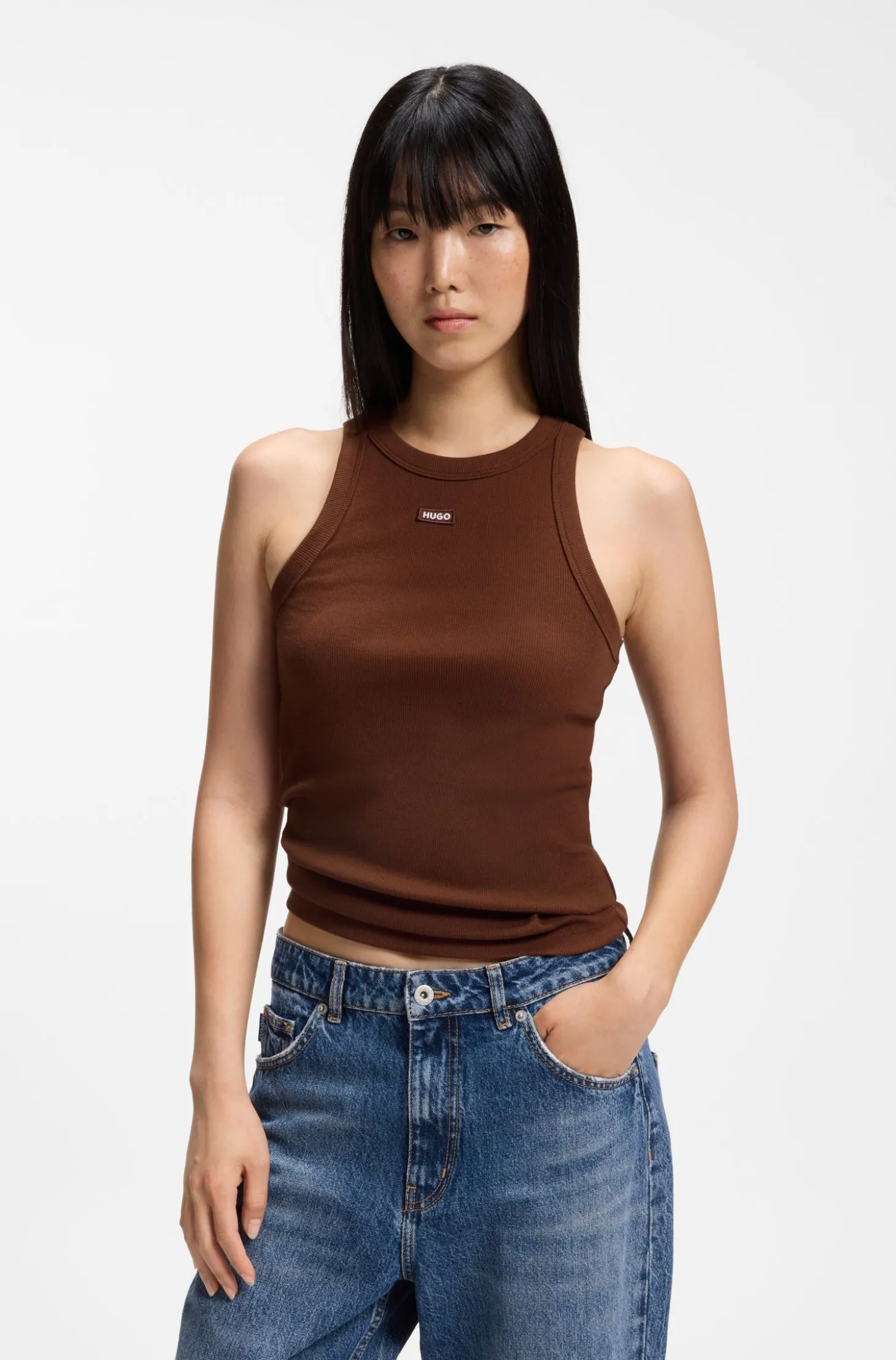 Tanktop aus Stretch-Baumwolle mit blauem Logo-Label