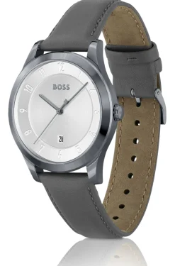 THREEHAND Grau beschichtete Uhr mit Lederarmband