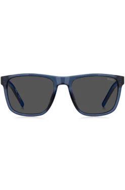 Transparent-blaue Sonnenbrille mit gemusterten Bügeln