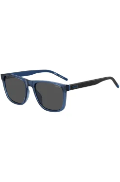 Transparent-blaue Sonnenbrille mit gemusterten Bügeln