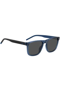 Transparent-blaue Sonnenbrille mit gemusterten Bügeln