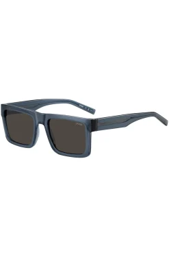 Transparent-blaue Sonnenbrille mit grauen Gläsern