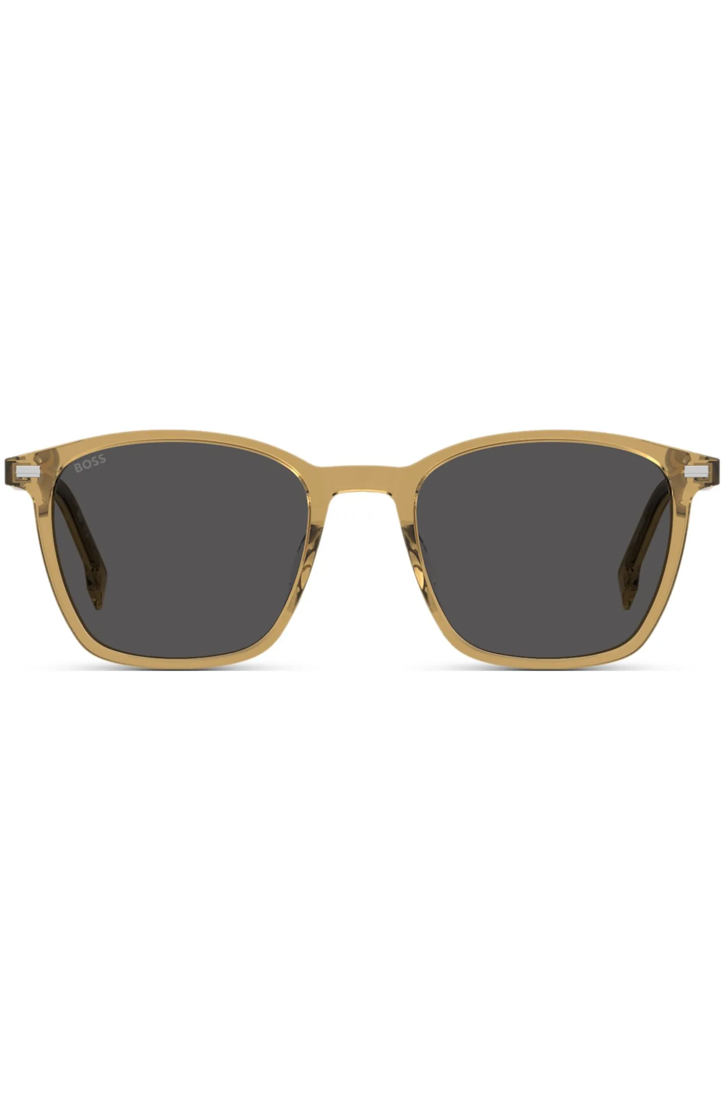 Transparente, beigefarbene Sonnenbrille mit grauen Gläsern