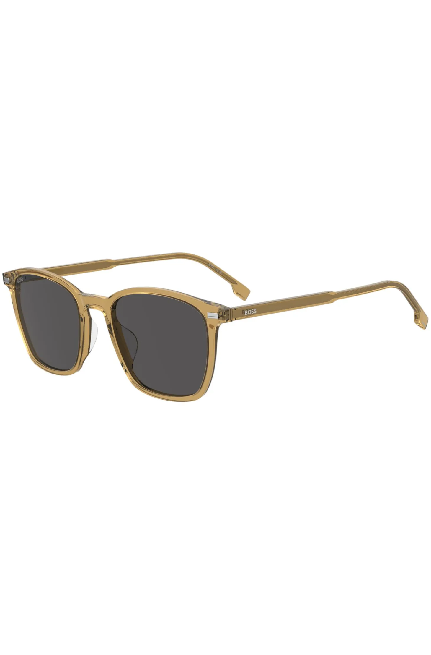 Transparente, beigefarbene Sonnenbrille mit grauen Gläsern