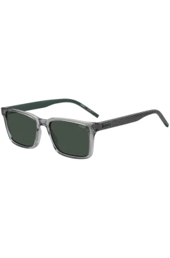 Transparent-graue Sonnenbrille mit gemusterten Bügeln