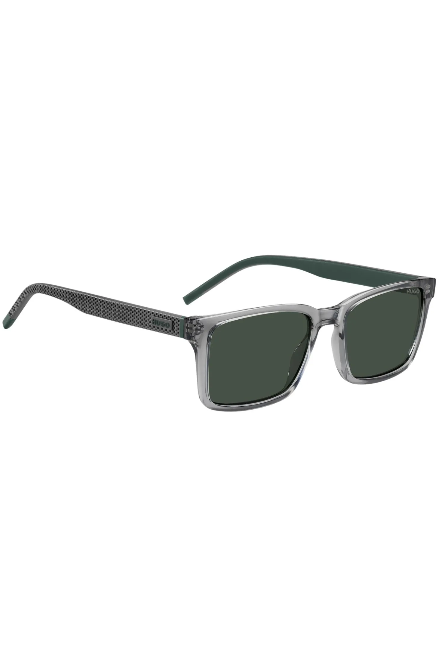 Transparent-graue Sonnenbrille mit gemusterten Bügeln