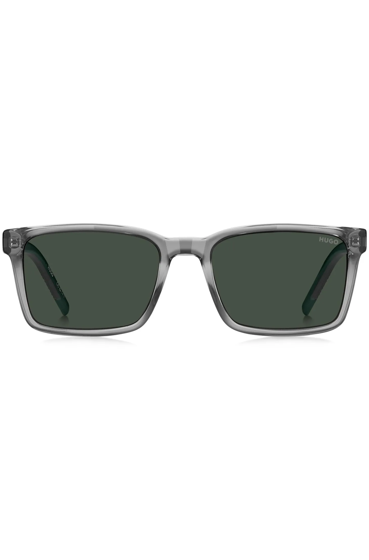 Transparent-graue Sonnenbrille mit gemusterten Bügeln