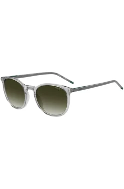 Transparent-graue Sonnenbrille mit grünem Logo