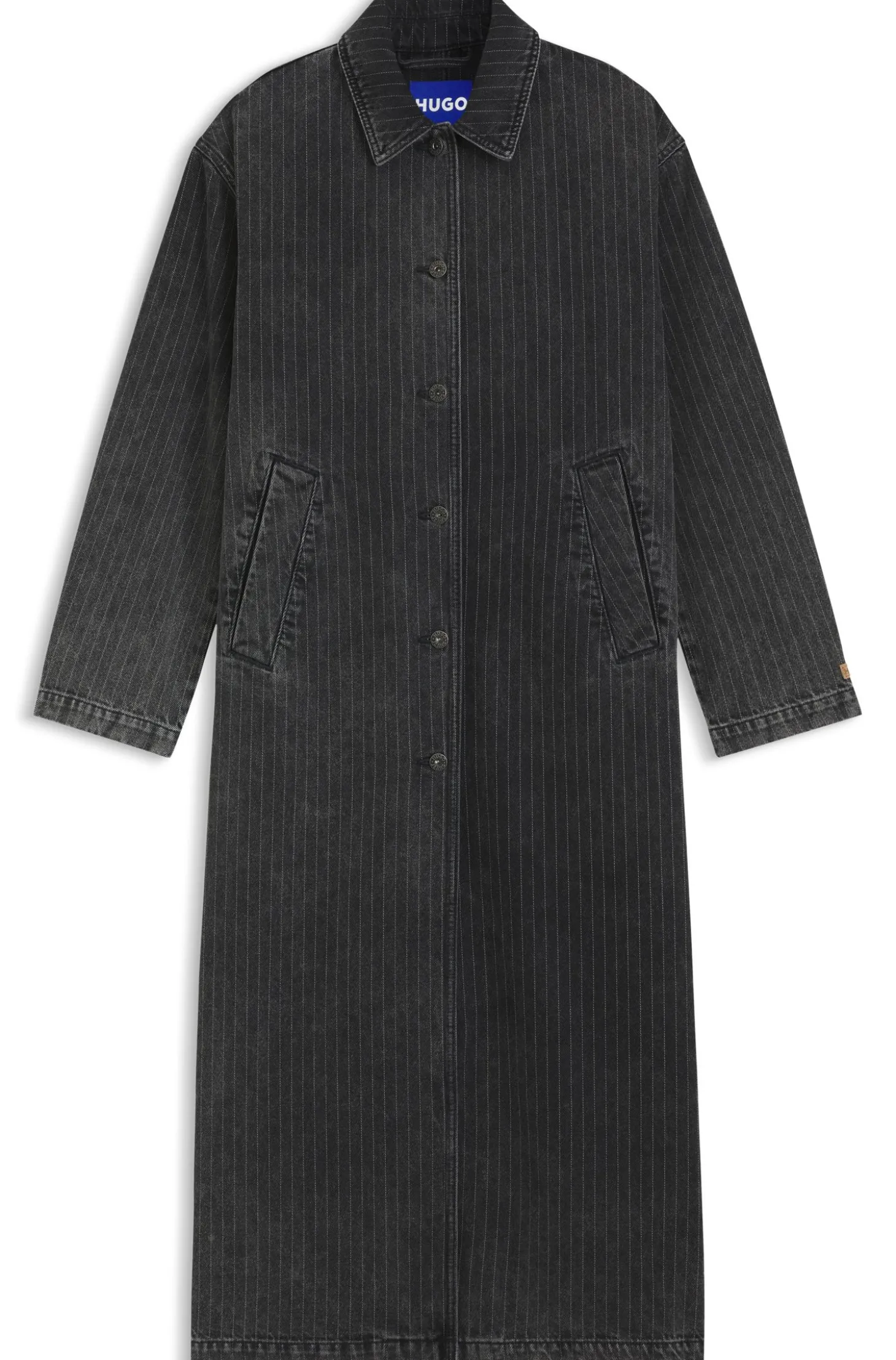 Trenchcoat aus schwarz gewaschenem Denim mit Nadelstreifen