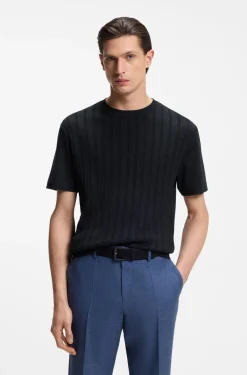 T-Shirt aus Baumwolle und Seide mit Zopfmuster auf der Vorderseite