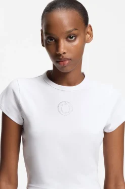 T-Shirt aus Stretch-Baumwolle in Cropped-Länge mit Happy HUGO Logo aus Strass