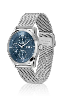 Uhr mit blauem Zifferblatt und Mesh-Armband
