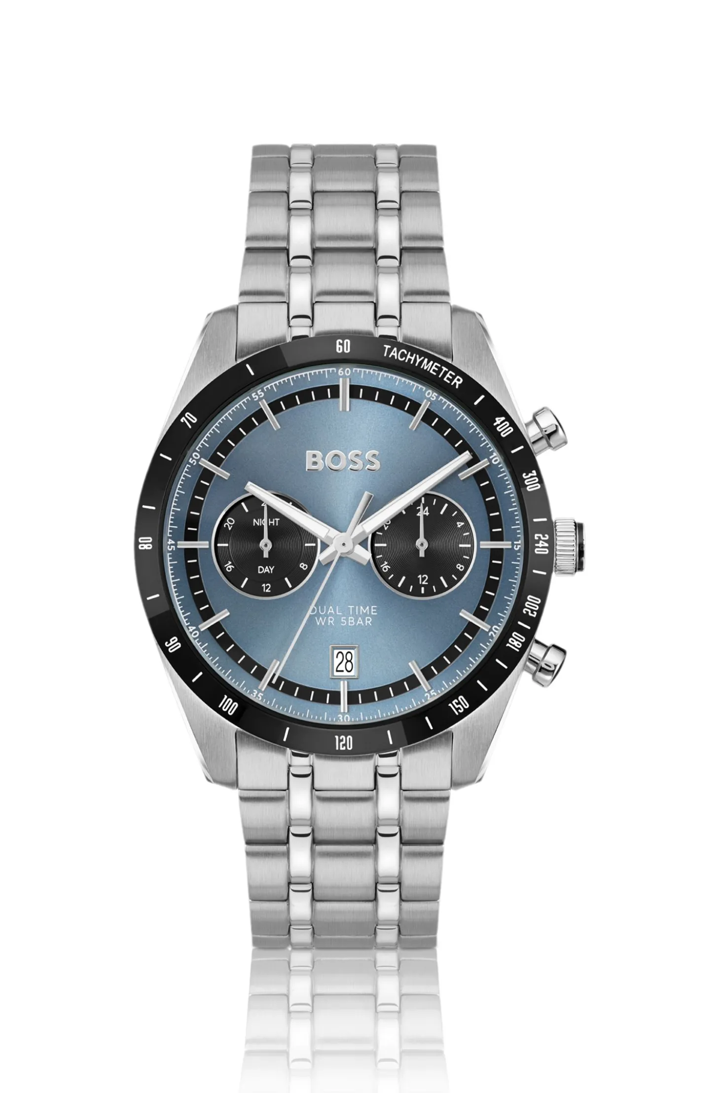 Uhr mit blauem Zifferblatt und Gliederarmband