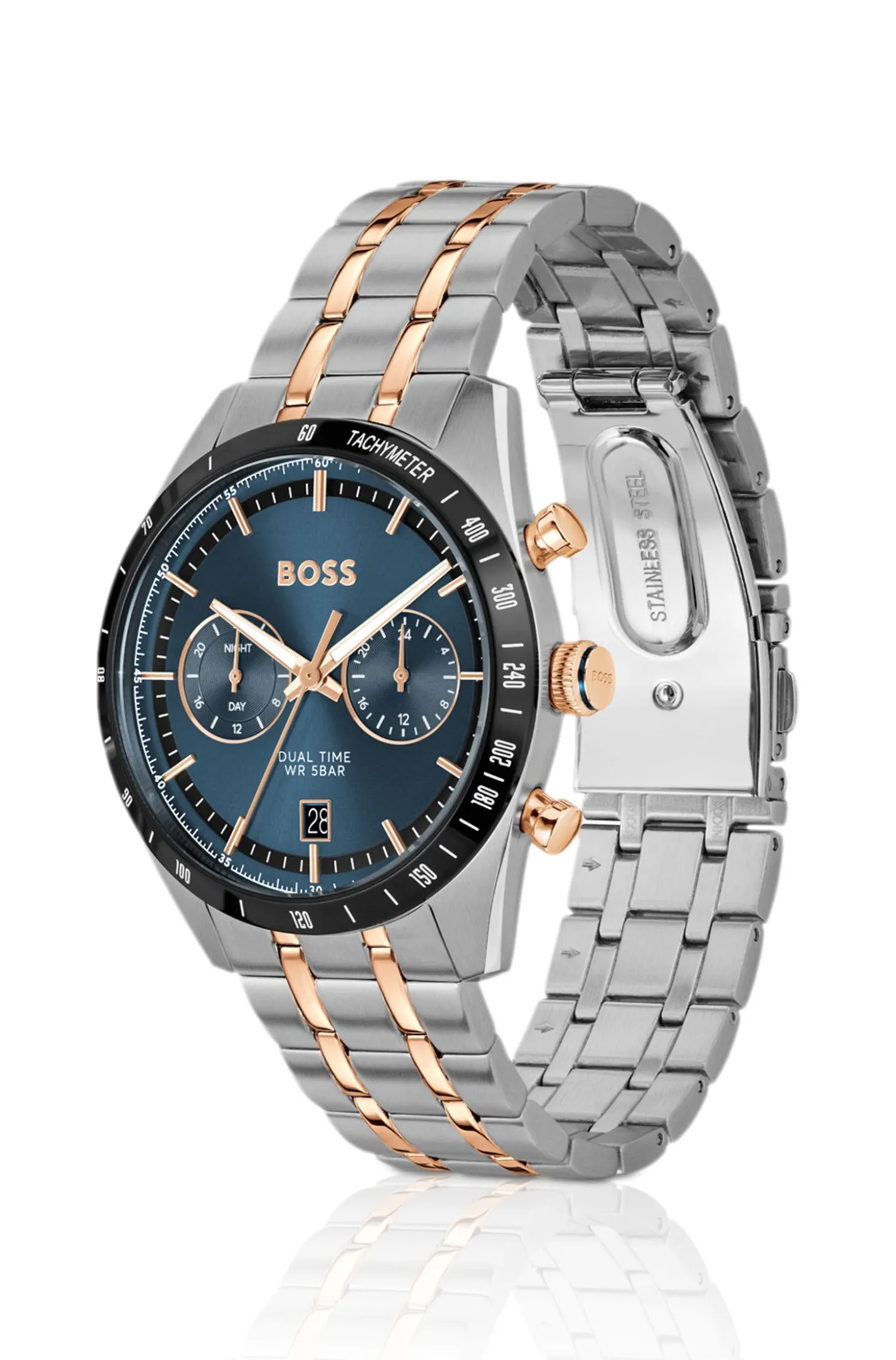 Uhr mit blauem Zifferblatt und zweifarbigem Gliederarmband