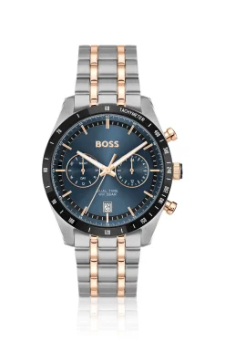 Uhr mit blauem Zifferblatt und zweifarbigem Gliederarmband