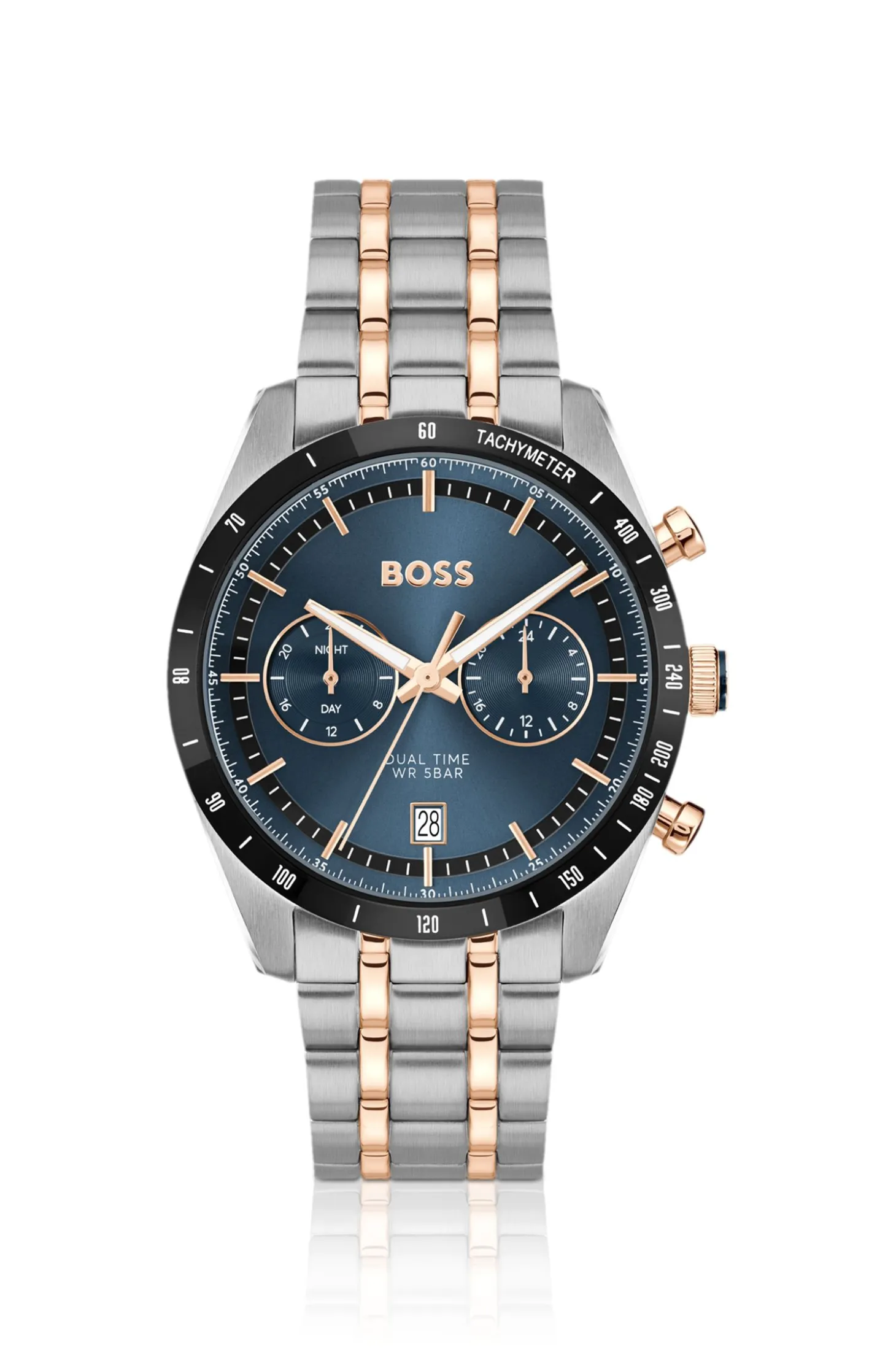 Uhr mit blauem Zifferblatt und zweifarbigem Gliederarmband