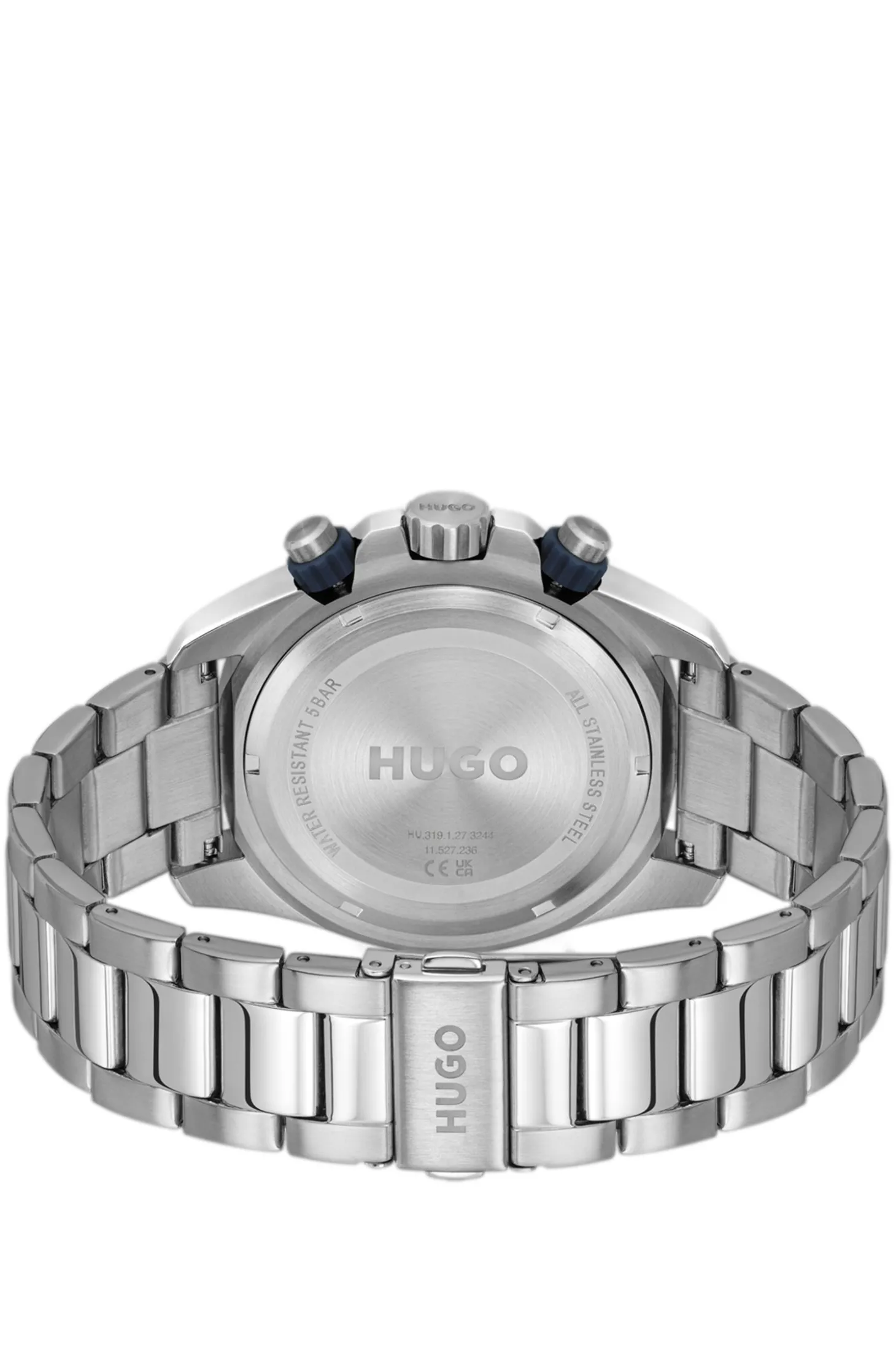 Uhr mit Gliederarmband und blauem Zifferblatt