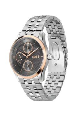 Uhr mit grauem, strukturiertem Zifferblatt und Gliederarmband