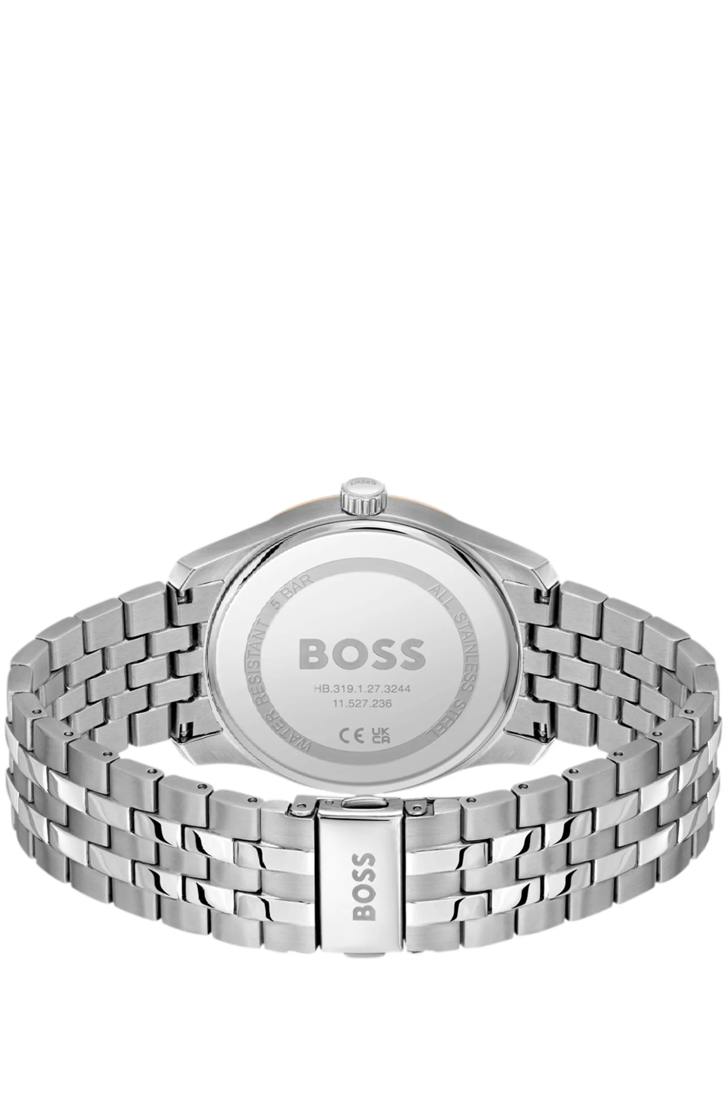 Uhr mit grauem, strukturiertem Zifferblatt und Gliederarmband
