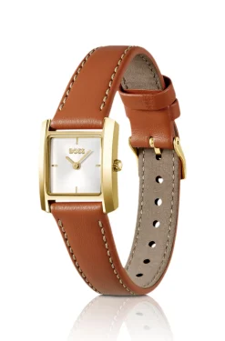 Uhr mit Lederarmband und quadratischem Gehäuse