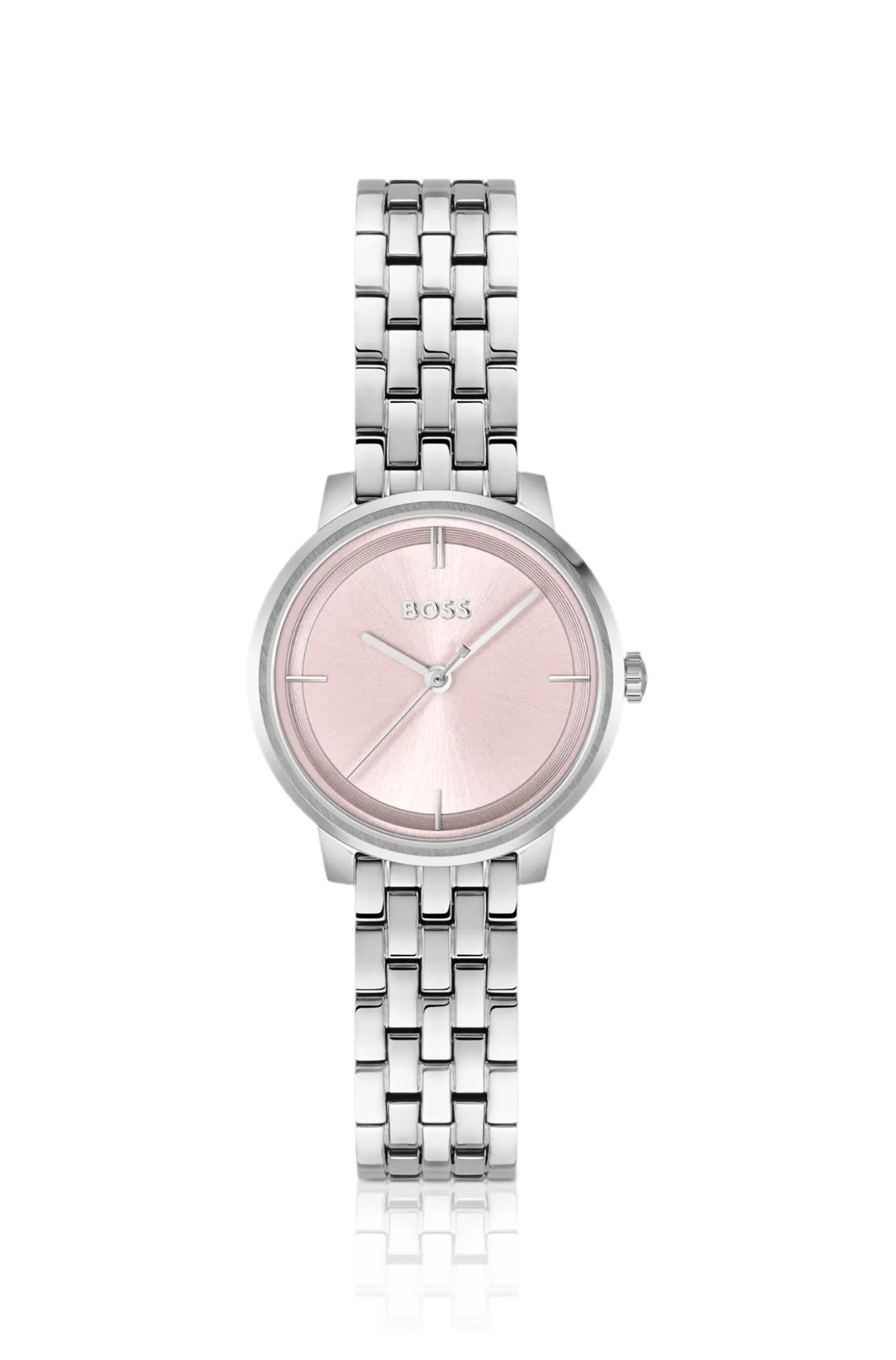 Uhr mit rosa Zifferblatt und Gliederarmband